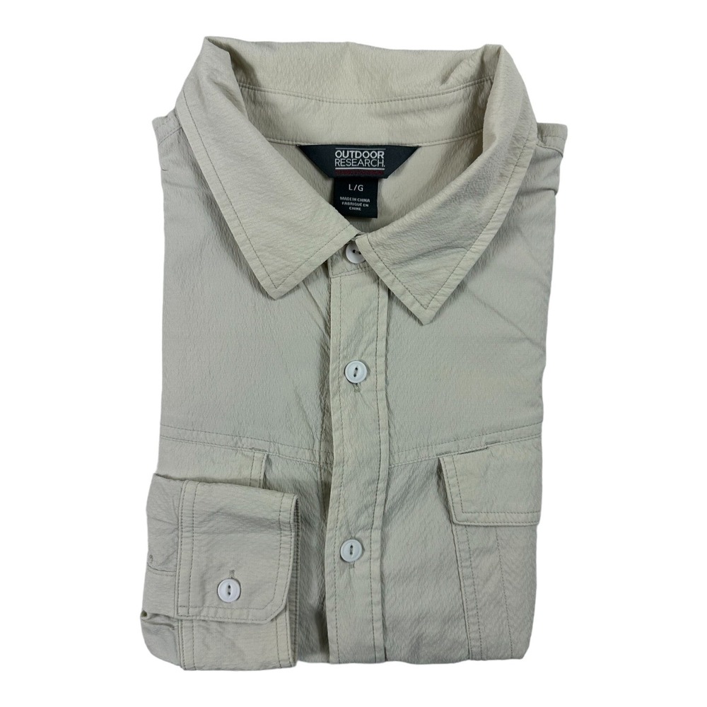 Outdoor Research Mens L Performance Hiking Button Front Shirt Khaki Long Sleeve